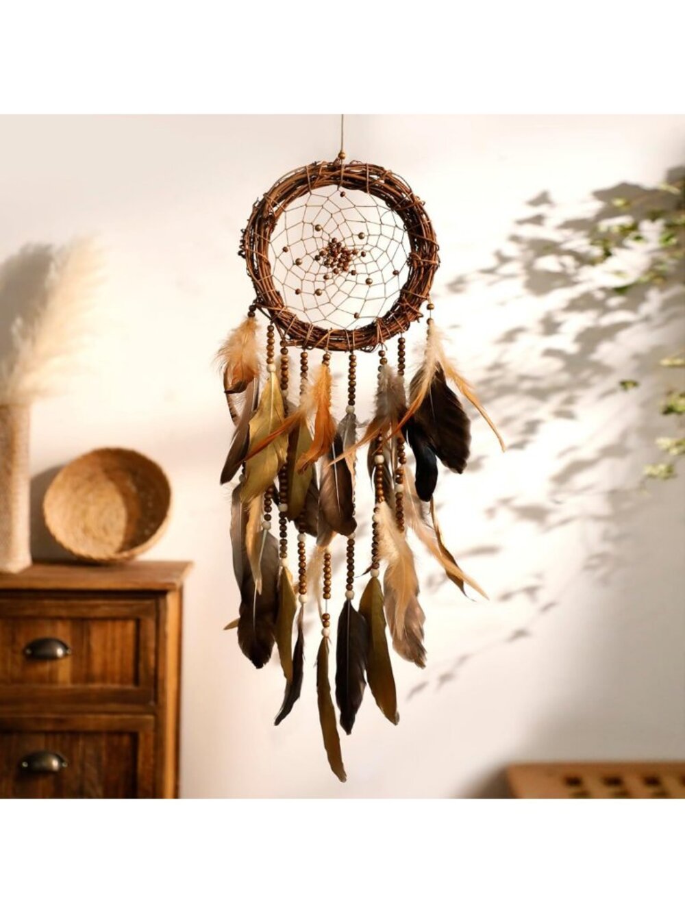 Handmade Boho Dreamcatcher Wall Decor | Natural Feathers & Beads | Rattan